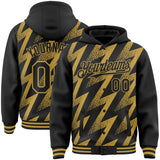 Custom Black Old Gold Zigzag Shape 3D Pattern Design Bomber Full-Snap Varsity Letterman Hoodie Jacket