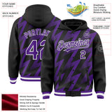 Custom Black Purple-White Zigzag Shape 3D Pattern Design Bomber Full-Snap Varsity Letterman Hoodie Jacket
