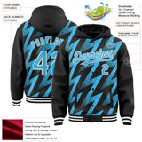 Custom Black Sky Blue-White Zigzag Shape 3D Pattern Design Bomber Full-Snap Varsity Letterman Hoodie Jacket