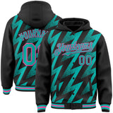 Custom Black Aqua-Pink Zigzag Shape 3D Pattern Design Bomber Full-Snap Varsity Letterman Hoodie Jacket