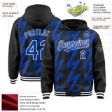 Custom Black Thunder Blue-White Zigzag Shape 3D Pattern Design Bomber Full-Snap Varsity Letterman Hoodie Jacket