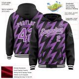Custom Black Medium Purple-White Zigzag Shape 3D Pattern Design Bomber Full-Snap Varsity Letterman Hoodie Jacket