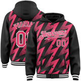 Custom Black Neon Pink-White Zigzag Shape 3D Pattern Design Bomber Full-Snap Varsity Letterman Hoodie Jacket