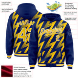 Custom Royal Yellow-White Zigzag Shape 3D Pattern Design Bomber Full-Snap Varsity Letterman Hoodie Jacket
