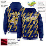 Custom Royal Old Gold-White Zigzag Shape 3D Pattern Design Bomber Full-Snap Varsity Letterman Hoodie Jacket