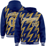 Custom Royal Old Gold-White Zigzag Shape 3D Pattern Design Bomber Full-Snap Varsity Letterman Hoodie Jacket