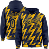 Custom Navy Gold Zigzag Shape 3D Pattern Design Bomber Full-Snap Varsity Letterman Hoodie Jacket