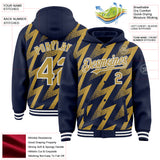 Custom Navy Old Gold-White Zigzag Shape 3D Pattern Design Bomber Full-Snap Varsity Letterman Hoodie Jacket