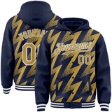 Custom Navy Old Gold-White Zigzag Shape 3D Pattern Design Bomber Full-Snap Varsity Letterman Hoodie Jacket