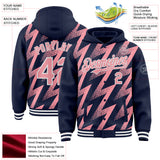 Custom Navy Medium Pink-White Zigzag Shape 3D Pattern Design Bomber Full-Snap Varsity Letterman Hoodie Jacket