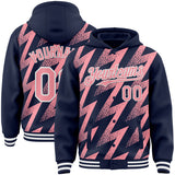 Custom Navy Medium Pink-White Zigzag Shape 3D Pattern Design Bomber Full-Snap Varsity Letterman Hoodie Jacket