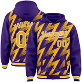 Custom Purple Gold-White Zigzag Shape 3D Pattern Design Bomber Full-Snap Varsity Letterman Hoodie Jacket