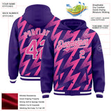 Custom Purple Pink-White Zigzag Shape 3D Pattern Design Bomber Full-Snap Varsity Letterman Hoodie Jacket