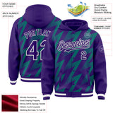 Custom Purple Teal-White Zigzag Shape 3D Pattern Design Bomber Full-Snap Varsity Letterman Hoodie Jacket