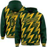Custom Green Gold Zigzag Shape 3D Pattern Design Bomber Full-Snap Varsity Letterman Hoodie Jacket