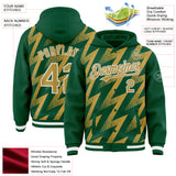 Custom Kelly Green Old Gold-White Zigzag Shape 3D Pattern Design Bomber Full-Snap Varsity Letterman Hoodie Jacket