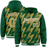 Custom Kelly Green Old Gold-White Zigzag Shape 3D Pattern Design Bomber Full-Snap Varsity Letterman Hoodie Jacket