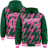 Custom Kelly Green Pink-White Zigzag Shape 3D Pattern Design Bomber Full-Snap Varsity Letterman Hoodie Jacket
