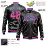 Custom Black Pink-Light Blue Bomber Full-Snap Varsity Faux Leather Letterman Jacket