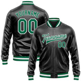 Custom Black Kelly Green-White Bomber Full-Snap Varsity Faux Leather Letterman Jacket