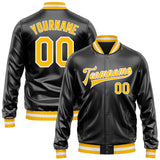 Custom Black Gold-White Bomber Full-Snap Varsity Faux Leather Letterman Jacket