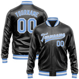 Custom Black Light Blue-White Bomber Full-Snap Varsity Faux Leather Letterman Jacket