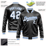 Custom Black White-Light Blue Bomber Full-Snap Varsity Faux Leather Letterman Jacket