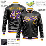 Custom Black Purple-Gold Bomber Full-Snap Varsity Faux Leather Letterman Jacket