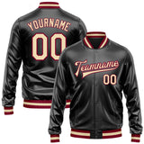 Custom Black Cream-Maroon Bomber Full-Snap Varsity Faux Leather Letterman Jacket
