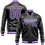 Custom Black Purple-White Bomber Full-Snap Varsity Faux Leather Letterman Jacket
