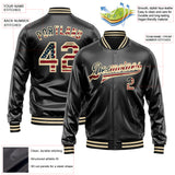 Custom Black Vintage USA Flag-Cream Bomber Full-Snap Varsity Faux Leather Letterman Jacket