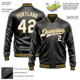 Custom Black White-Old Gold Bomber Full-Snap Varsity Faux Leather Letterman Jacket