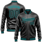 Custom Black Black-Teal Bomber Full-Snap Varsity Faux Leather Letterman Jacket