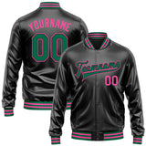 Custom Black Kelly Green-Pink Bomber Full-Snap Varsity Faux Leather Letterman Jacket