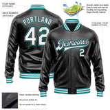 Custom Black White-Teal Bomber Full-Snap Varsity Faux Leather Letterman Jacket