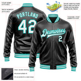 Custom Black White-Aqua Bomber Full-Snap Varsity Faux Leather Letterman Jacket