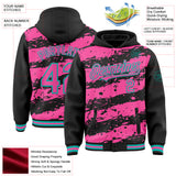 Custom Black Pink-Aqua Splash 3D Pattern Design Bomber Full-Snap Varsity Letterman Hoodie Jacket