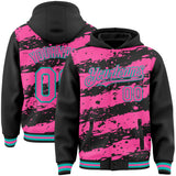 Custom Black Pink-Aqua Splash 3D Pattern Design Bomber Full-Snap Varsity Letterman Hoodie Jacket