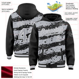 Custom Black Gray-White Splash 3D Pattern Design Bomber Full-Snap Varsity Letterman Hoodie Jacket