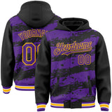 Custom Black Purple-Gold Splash 3D Pattern Design Bomber Full-Snap Varsity Letterman Hoodie Jacket
