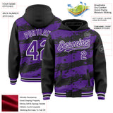 Custom Black Purple-White Splash 3D Pattern Design Bomber Full-Snap Varsity Letterman Hoodie Jacket