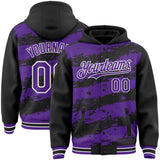 Custom Black Purple-White Splash 3D Pattern Design Bomber Full-Snap Varsity Letterman Hoodie Jacket
