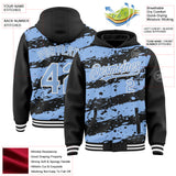 Custom Black Light Blue-White Splash 3D Pattern Design Bomber Full-Snap Varsity Letterman Hoodie Jacket