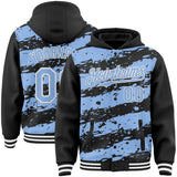 Custom Black Light Blue-White Splash 3D Pattern Design Bomber Full-Snap Varsity Letterman Hoodie Jacket