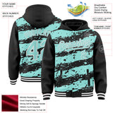 Custom Black Ice Blue-White Splash 3D Pattern Design Bomber Full-Snap Varsity Letterman Hoodie Jacket