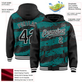 Custom Teal Black-White Splash 3D Pattern Design Bomber Full-Snap Varsity Letterman Hoodie Jacket