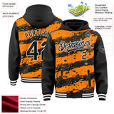 Custom Bay Orange Black-White Splash 3D Pattern Design Bomber Full-Snap Varsity Letterman Hoodie Jacket
