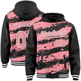 Custom Black Medium Pink-White Splash 3D Pattern Design Bomber Full-Snap Varsity Letterman Hoodie Jacket