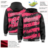 Custom Black Neon Pink-White Splash 3D Pattern Design Bomber Full-Snap Varsity Letterman Hoodie Jacket