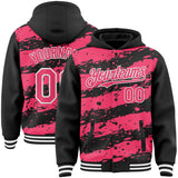 Custom Black Neon Pink-White Splash 3D Pattern Design Bomber Full-Snap Varsity Letterman Hoodie Jacket